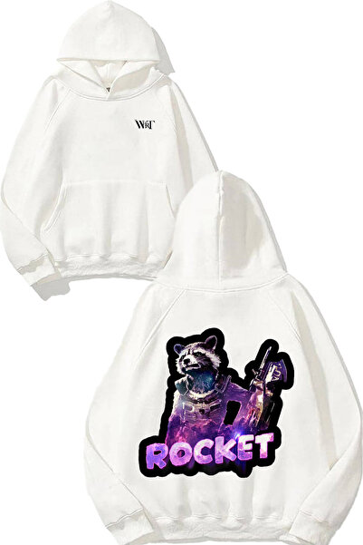 THEWERT Hanorac alb cu glugă cu imprimeu pe spate Rocket Galaxy Design