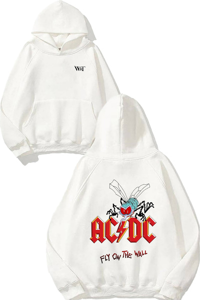 THEWERT Hanorac alb cu glugă cu imprimeu pe spate Ac Dc Fly On The Wall