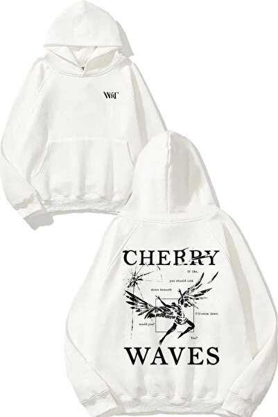 THEWERT Hanorac alb cu glugă cu imprimeu în spate Cherry Waves Design