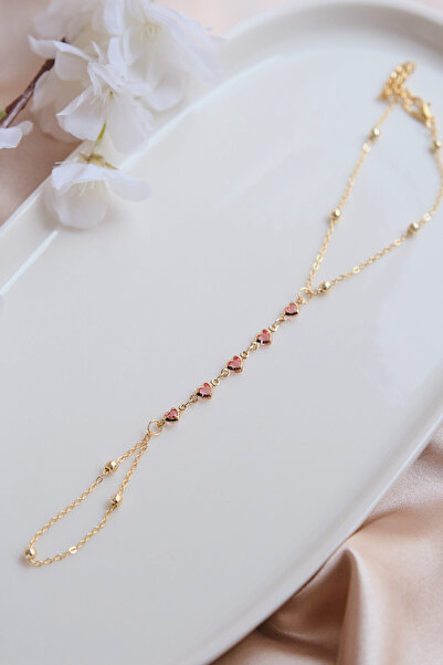 AURRARİ Gold Zirkon Pembe Kalp Sıralı Taşlı Şahmeran