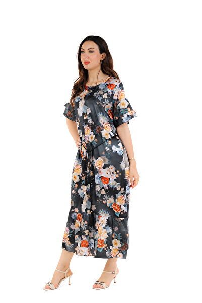 amaan Modern Womens Floral Print Satin Midi Jalabiya Dress, Traditional Arabic Style with Ruffle Sleeves,