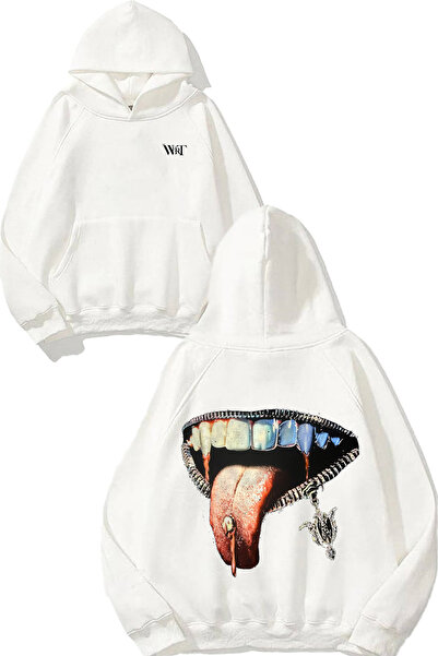 THEWERT Бяла суитшърт с качулка и дизайн на сребърна устна отзад