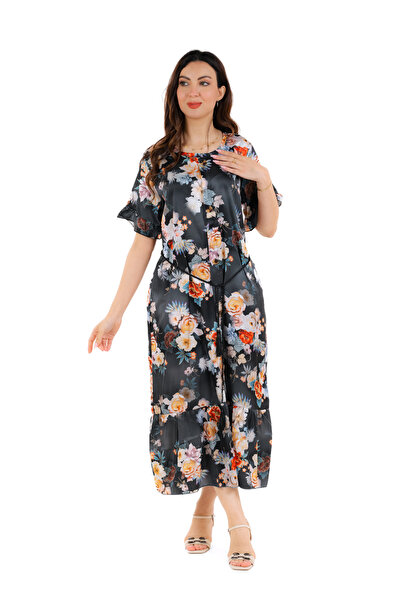 amaan Modern Womens Floral Print Satin Midi Jalabiya Dress, Traditional Arabic Style with Ruffle Sleeves,