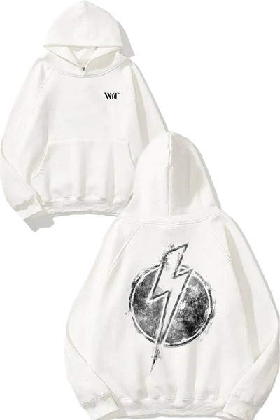 THEWERT Hanorac alb cu glugă cu imprimeu în spate, design gri fulger