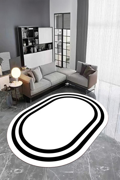 Digital Printed Washable and Non-Slip Flat Line Pattern Framed Oval Living Room Rug