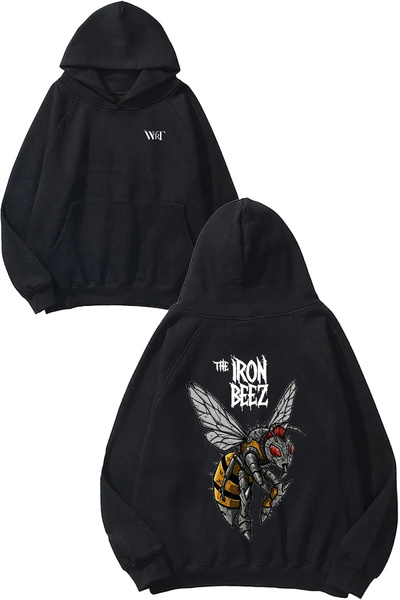 THEWERT Hanorac negru cu glugă cu imprimeu pe spate The Iron Beez Design