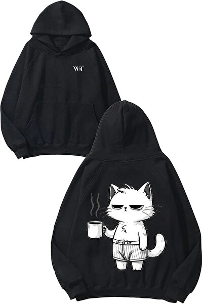 THEWERT Hanorac negru cu glugă cu imprimeu Coffee Cat Design