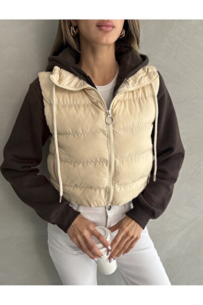 Ulino Vestă crop cu guler înalt și buzunar ascuns cu fermoar