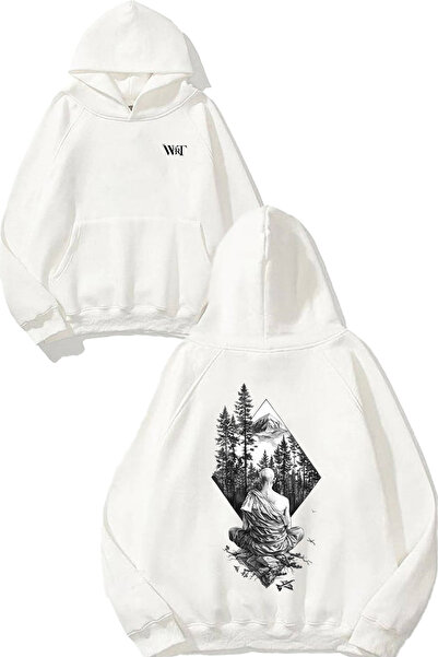 THEWERT Hanorac alb cu glugă cu imprimeu la spate cu design de meditație