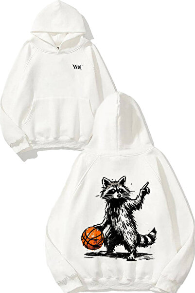 THEWERT Hanorac alb cu glugă cu imprimeu pe spate cu design Basketball Raccoon