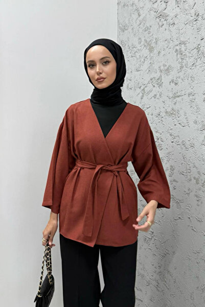 DELBİN Women's 100% Linen Belted Kimono