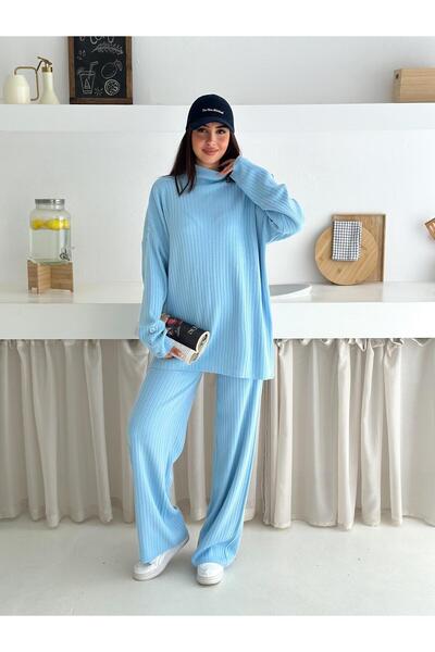 MİHRİZAR Turtleneck Button Detailed Oversize Wide Leg Double Knitwear Set