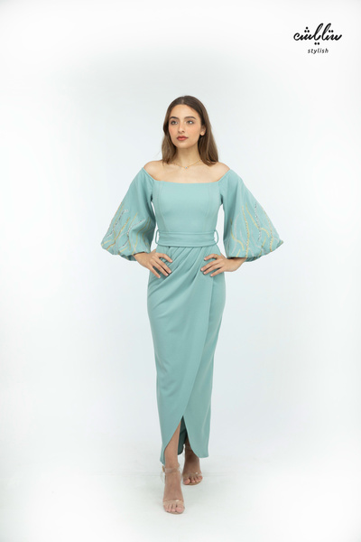 Stylish (Stretch) Soft off-shoulder dress in sky blue with delicate embroidery on the sleeves