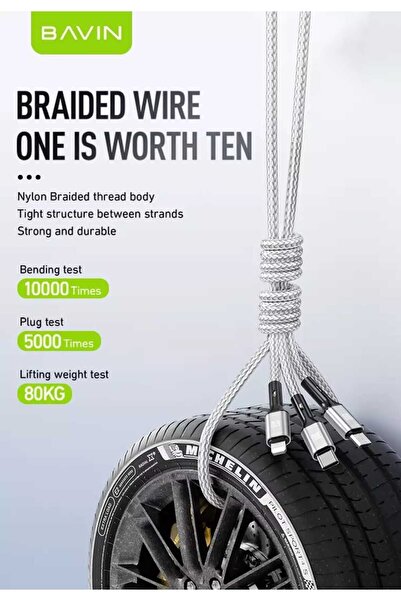 Bavin 3 in 1 Nylon Braided Data Cable 18W Fast Charging Compatible with Type-C, Micro and iPhone