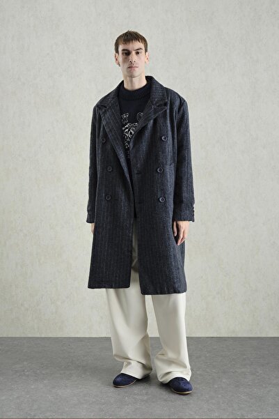 GIESTO Stripe Embroidered Navy Blue Coat