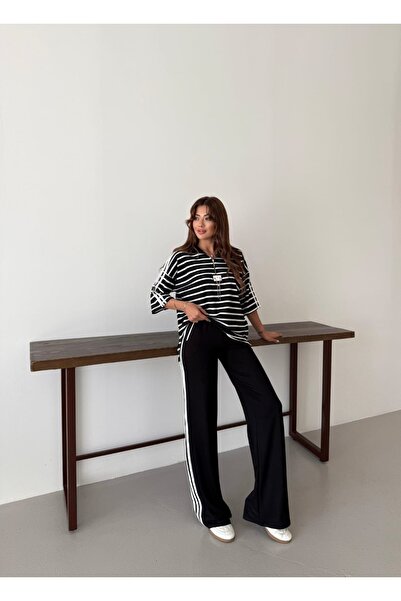 QİMYA BUTİK Women's Set with Bouquet Turuvakar Arm Horizontal Striped Chain Double Set