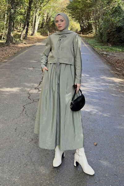 lamelif Gilet Double Hijab Set with Bow Tie Detail on the Front, Green