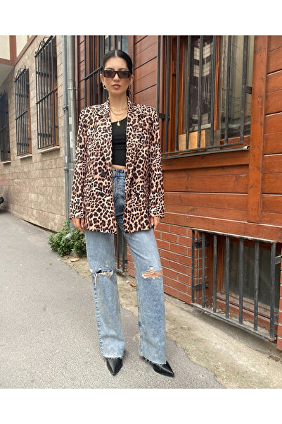 deqfashion Kadın Leopar Kruvaze Düğme Detaylı Oversize Blazer Ceket