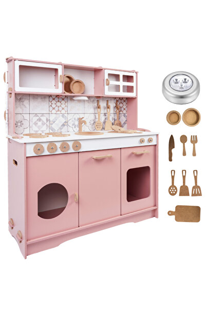 HOBBY HOUSE Pembe Fayans Desenli Ahşap Oyuncak Çocuk Mutfak 9 Parça Servis Se...