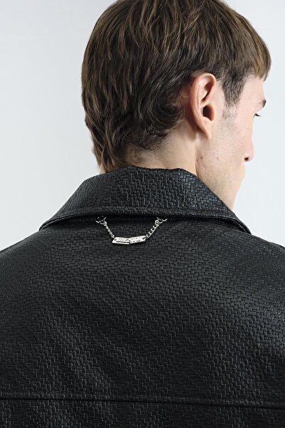 GIESTO Knitted Patterned Leather Black Jacket