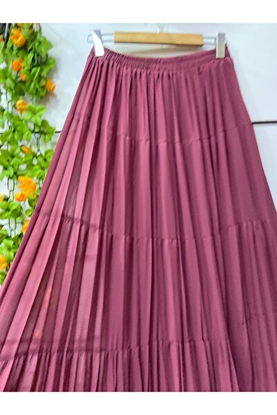 edu collection Kat kat şifon etek astarlı gülkurusu