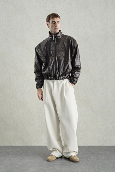 GIESTO Embossed Logo Piece-To-Piece Brown Leather Jacket