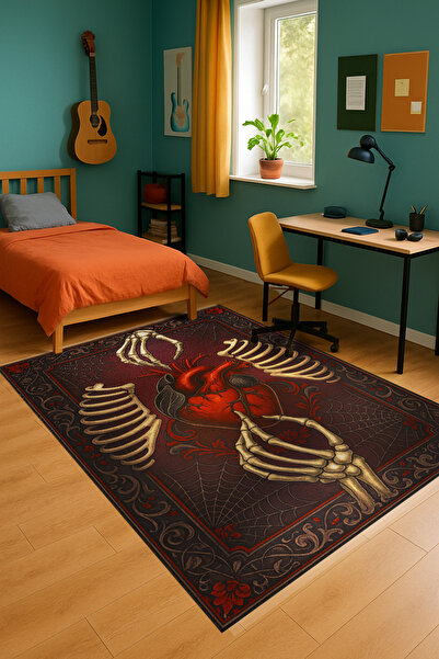 Rugs Modern Halı MOSSO Kırmızı Tema İskelet ve Kalp Desenli Dokuma Taban Mode...