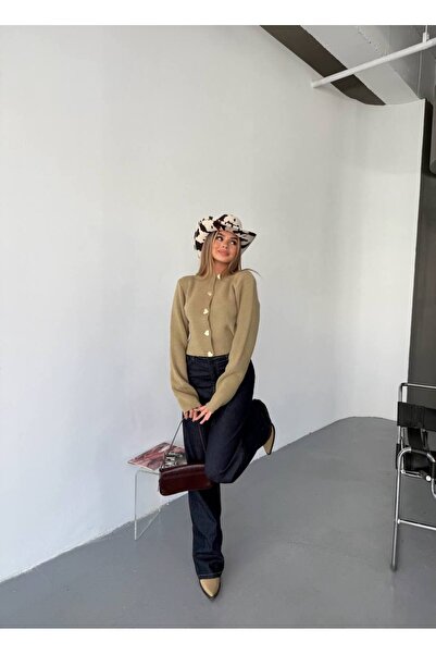 hiraz fashion Women's Khaki Green Heart Button Soft Textured Cardigan