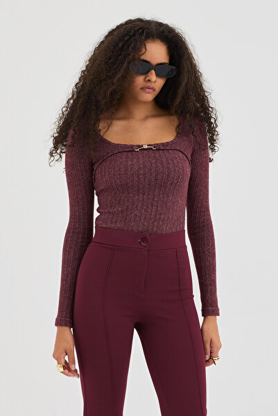 Eco Sense Women's Square Neck Buckle Long Sleeve Lycra Blouse - Burgundy