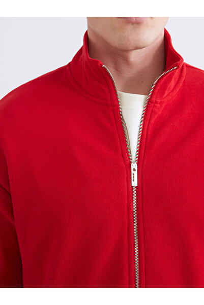 LC Waikiki Red Comfortable Fit Stand Collar Men's Zippered Sweatshirt