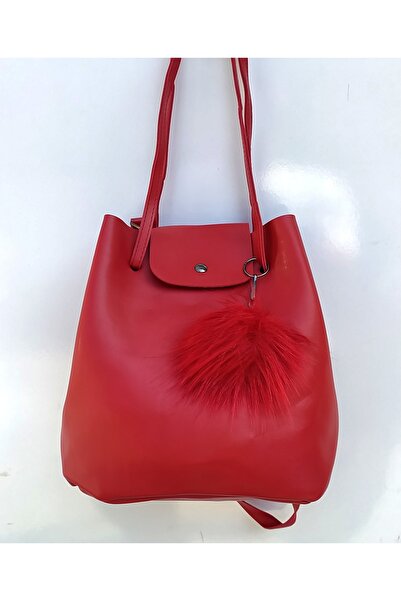 Hepsibitarz Kadın Kırmızı Ponponlu Büzmeli Torba Omuz Çantası