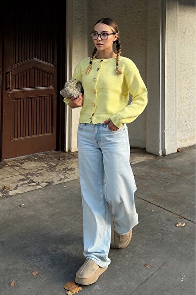 hiraz fashion Women's Yellow Heart Button Soft Textured Cardigan