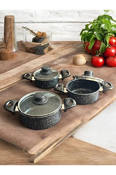 ENASHOP 6 Parça Cam Kapaklı Granit Tencere Seti (16-18-20 CM)