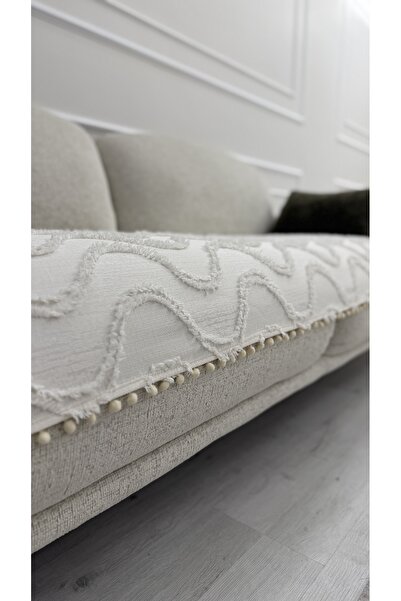 DİLETTO Bohem Dekoratif Ponponlu Dalgalı Kanepe Çekyat Koltuk Örtüsü-Ekru