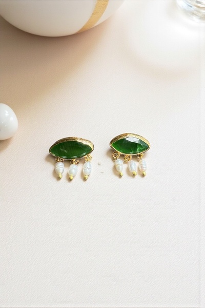 bemoreatelier Yeşil Doğal Taşlı İnci Detaylı Küpe