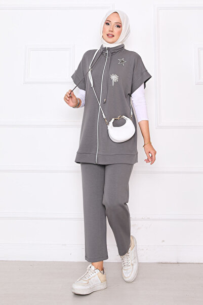 EBRUTESETTÜR Stone Embroidered Zippered Vest Set