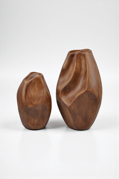 BOHEMORE Rune Boho 2'li Ahşap Dokulu Seramik Vazo Seti