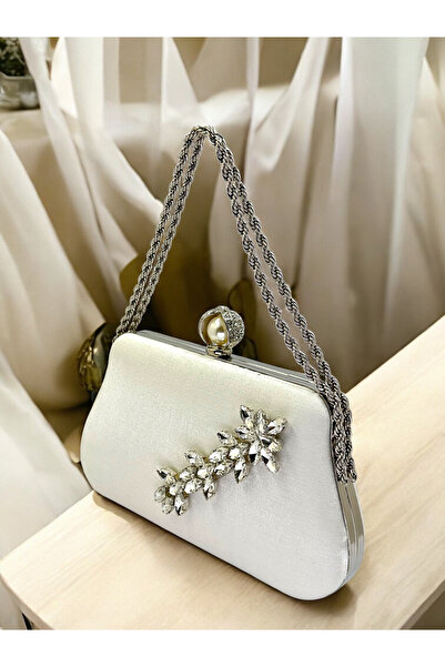 Biçanta Ecru Color Glittery Satin Silver and Pearl Detailed Chain Strap Women's Evening Dress Bag Wedding Graduation