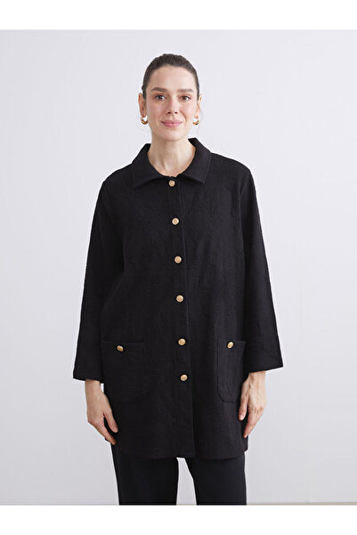 LC Waikiki Black Shirt Collar Patterned Women's Cardigan