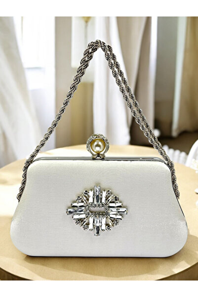 Biçanta Ecru Color Glittery Satin Silver and Pearl Detailed Chain Strap Women's Evening Dress Bag Wedding Engagement Prom
