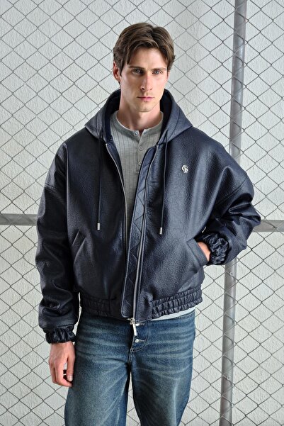 GIESTO Hooded Navy Blue Leather Jacket