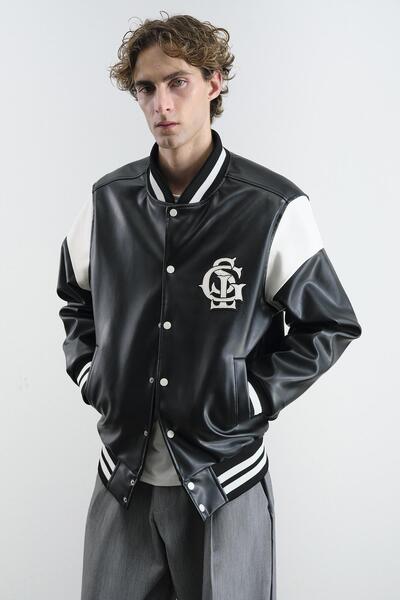 GIESTO Black Leather College Jacket