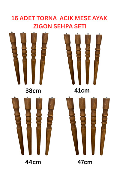HAMADEX 38–41–44–47 cm Açık Meşe Torna Ahşap Zigon Sehpa Ayağı 4’lü 16 Adet A...