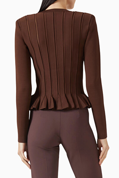 Elisabetta Franchi Peplum Viscose Triko Cardigan, Logo Düğmeli Şık Lüks Kadın Hırka