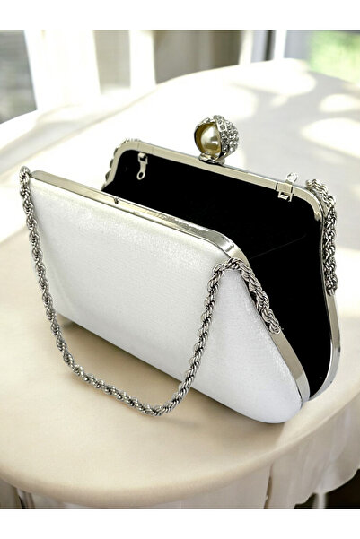 Biçanta Ecru Color Glittery Satin Silver and Pearl Detailed Chain Strap Women's Evening Dress Bag Wedding Graduation