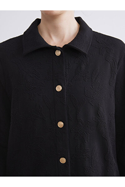 LC Waikiki Black Shirt Collar Patterned Women's Cardigan