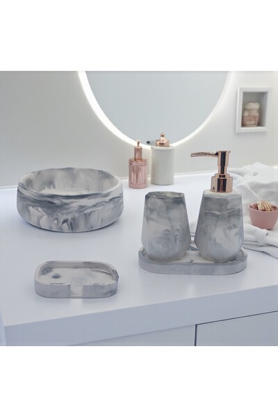 ODİ HOME Set de baie din piatră din 5 piese, dozator de săpun lichid, suport pentru periuță de dinți, set de tavă pentru bol, alb - gri cu model de marmură