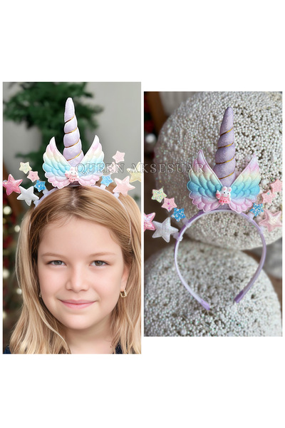 QUEEN AKSESUAR Lila mor gökkuşağı Renkli prenses Unicorn Yıldızlı Taç simli p...