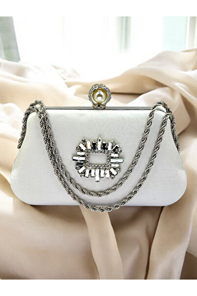 Biçanta Ecru Color Glittery Satin Silver and Pearl Detailed Chain Strap Women's Evening Dress Bag Wedding Engagement Prom
