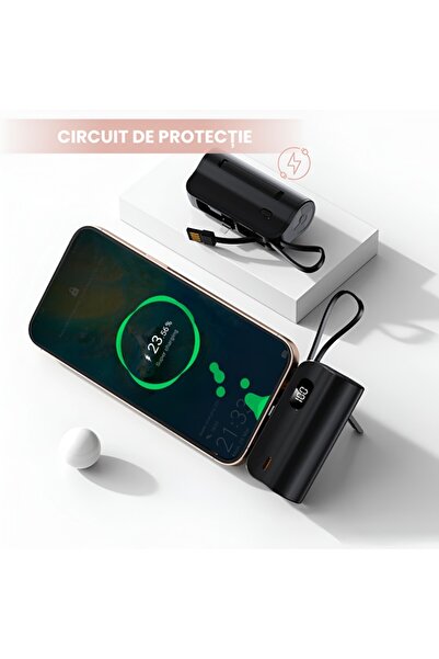 Full Abundance Baterie externă universală portabilă cu 3 porturi USB-C, USB-A, Lightning, design compact - Negru